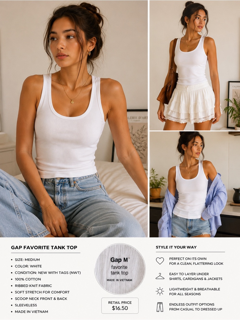 GAP White Ribbed Scoop Tank Top